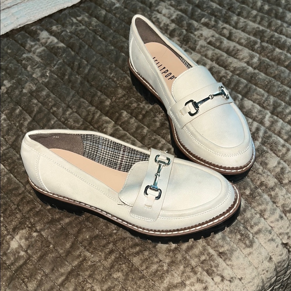 White Loafers with Silver Buckle